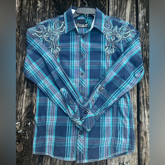 Roar Men’s Embroidered Plaid Slim Fit Long Sleeve Button Down Small Shirt C9 - Picture 3 of 8